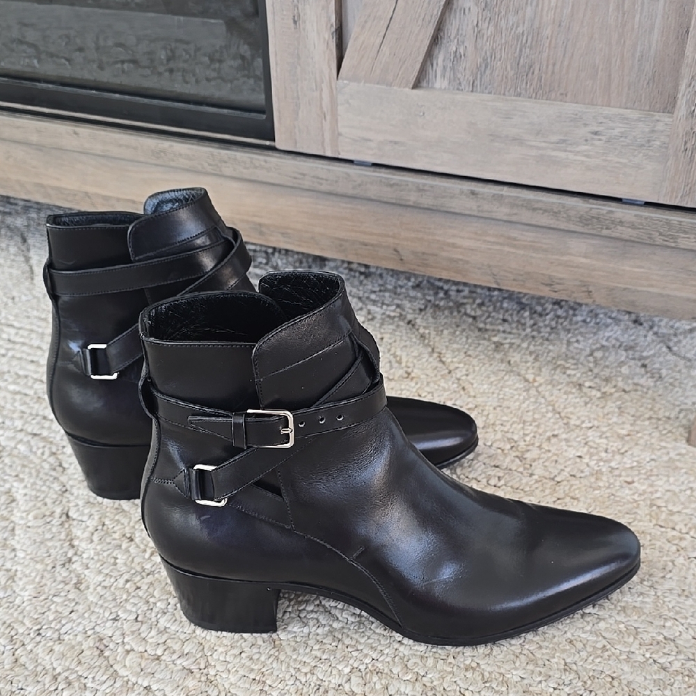 Saint Laurent Paris Black Ankle Boots with Chunky Heel and Buckle Detail